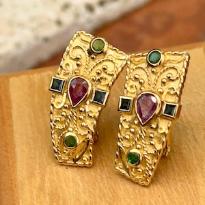 Estate 18KT Yellow Gold Byzantine Etruscan Bezel Blue Sapphire Ruby Emerald Omega Back Earrings European Flare Matte & Shiny