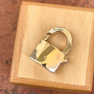 Può includere: Un lucchetto color oro con un manico curvo, posto su una superficie di legno marrone chiaro. Il lucchetto ha un corpo quadrato e un piccolo dettaglio lucido sulla sua superficie. Il design generale è semplice ed elegante.