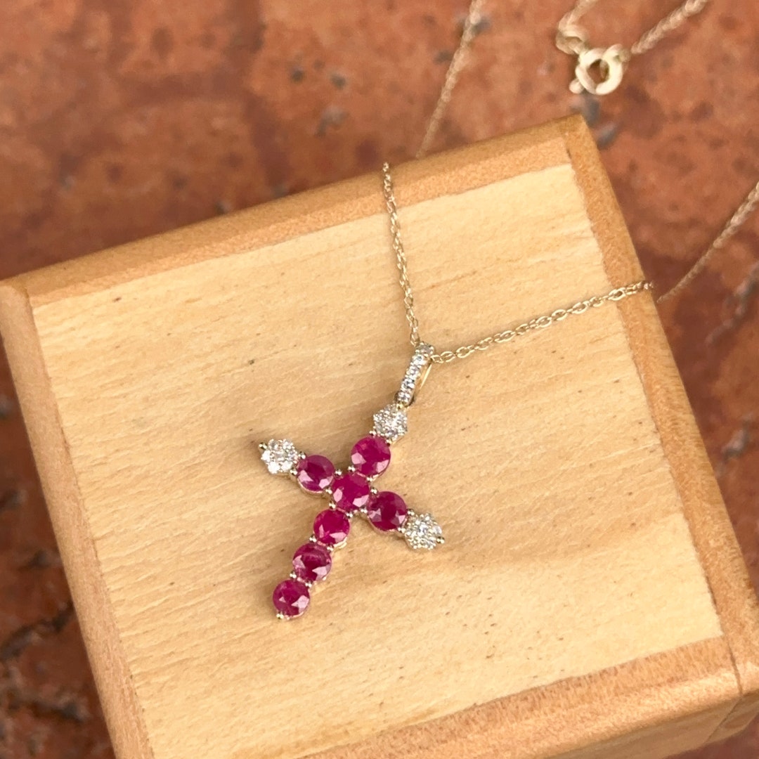 14KT イエロー ゴールド レッド ルビー + ダイヤモンド クロス