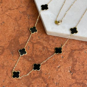 14KT Yellow Gold 10mm Black Onyx Clover Station Cable Chain Necklace NEW 16&quot;~18&quot; Length Layering Minimal Chain