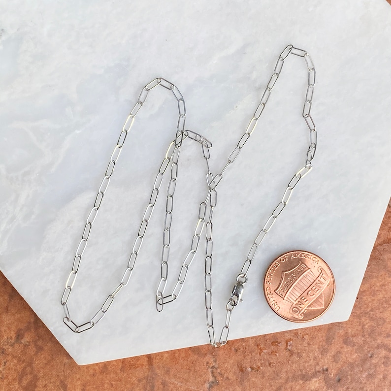 Pu&ograve; includere: Una collana a catena d'argento con chiusura a moschettone. La catena &egrave; composta da piccole forme ovali collegate tra loro. La catena &egrave; disposta su una superficie bianca accanto a un centesimo di dollaro americano.