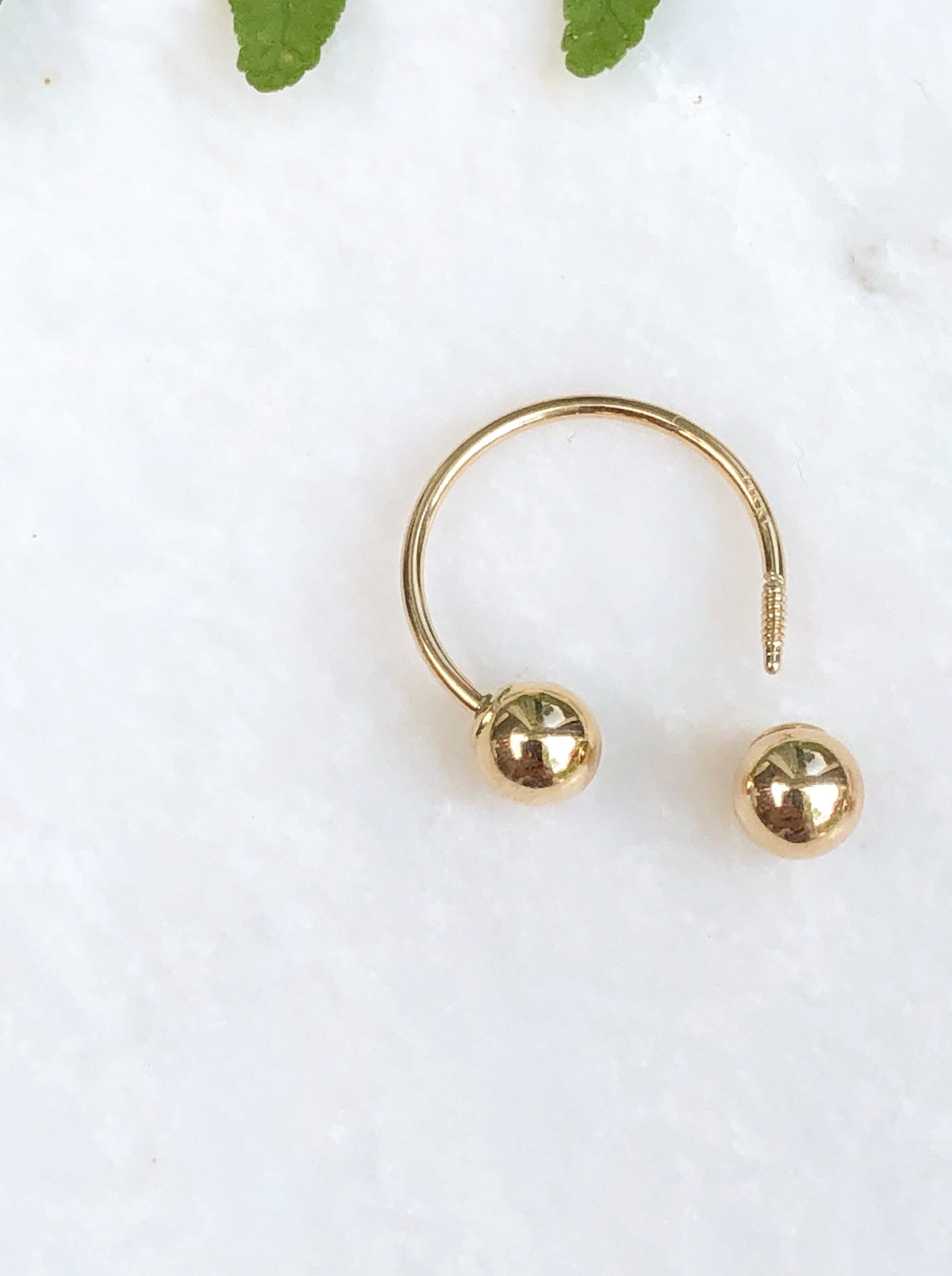 14KT Yellow Gold Earring Shiny Ball Beaded Screw On Half Hoop NEW SINGLE Small Not a Pair