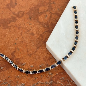 Estate Vintage 14KT Yellow Gold Round Diamond + Oval Blue Sapphire Link Prong Set Tennis Bracelet 7” Length