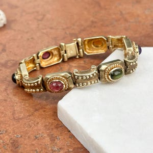 Vintage Vintagezustand Raafty 14KT Gelbgold Byzantiner Link Cabochon Edelsteine Granat, Amethyst, Peridot, Citrin, Turmalin Armband