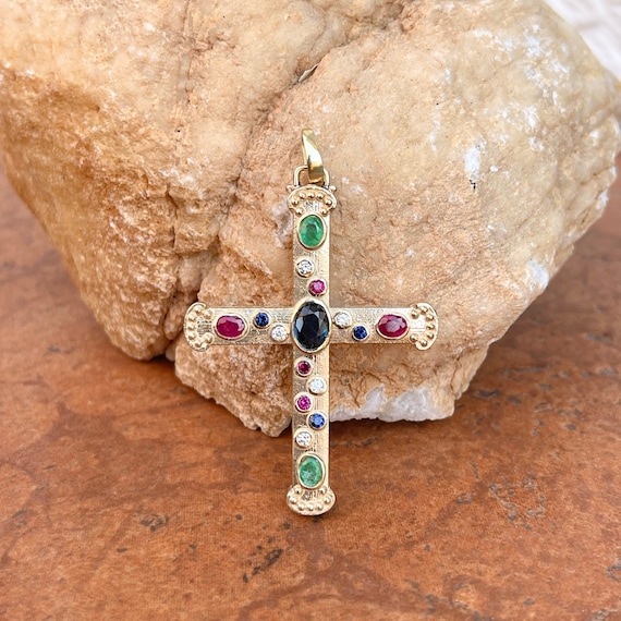 14KT Yellow Gold Genuine Sapphire Ruby Emerald Textured Matte Byzantine  Medieval Cross Slide