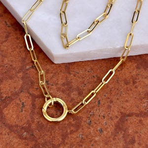 14KT Yellow Gold Charm Holder Circle Clasp Paperclip Chain Necklace 18&quot; Length
