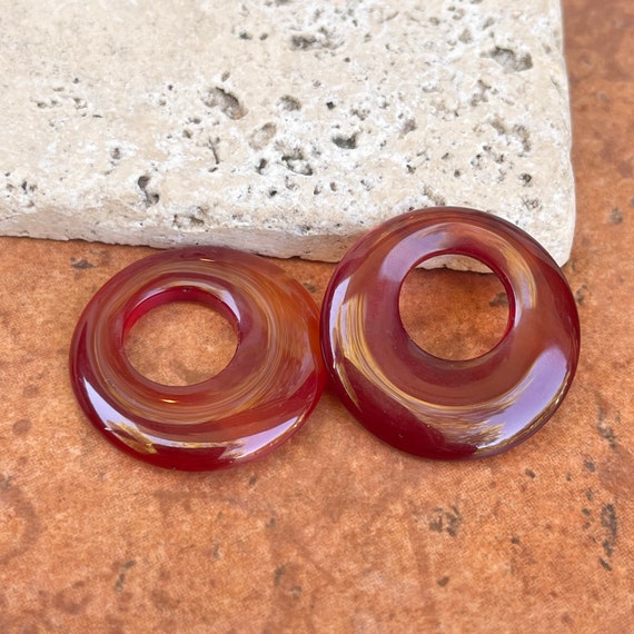 Estate Genuine Polished Carnelian Gemstone Round Donut Earring Charms Round To Interchange 30mm PAIR