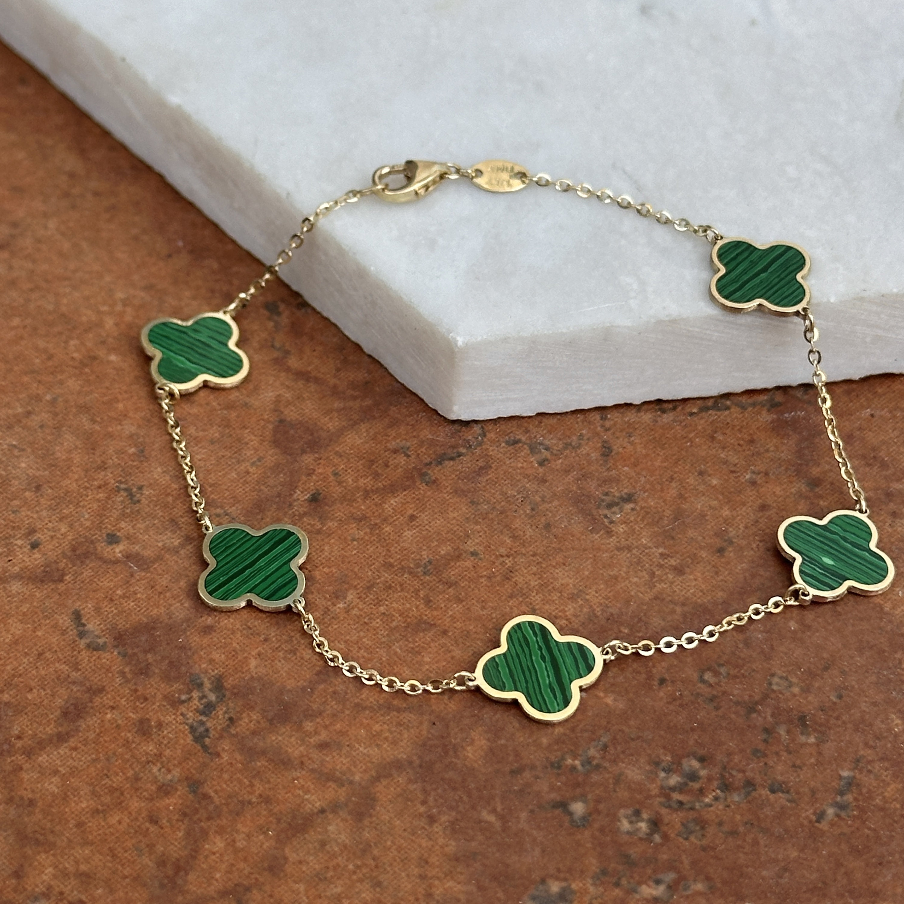 【高知インター店】 10mm Genuine Gold Yellow 14KT Green Station Clover Malachite 健康アクセサリー