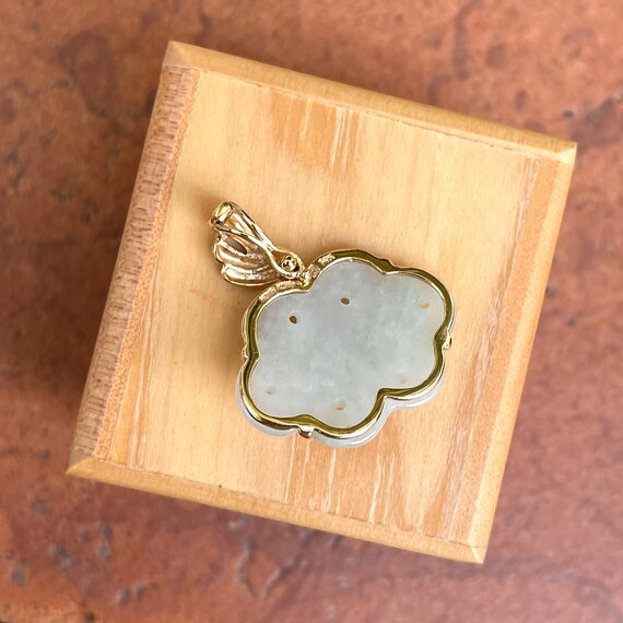 Estate Vintage 14KT Yellow Gold Genuine Pale Green Celadon Weave Carved Bezel Omega Pendant Pearl Enhancer Slide View 4