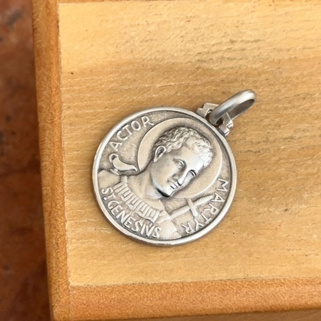 Sterling Silver Antiqued St Genesius of Rome Round Medal Pendant 18mm ...