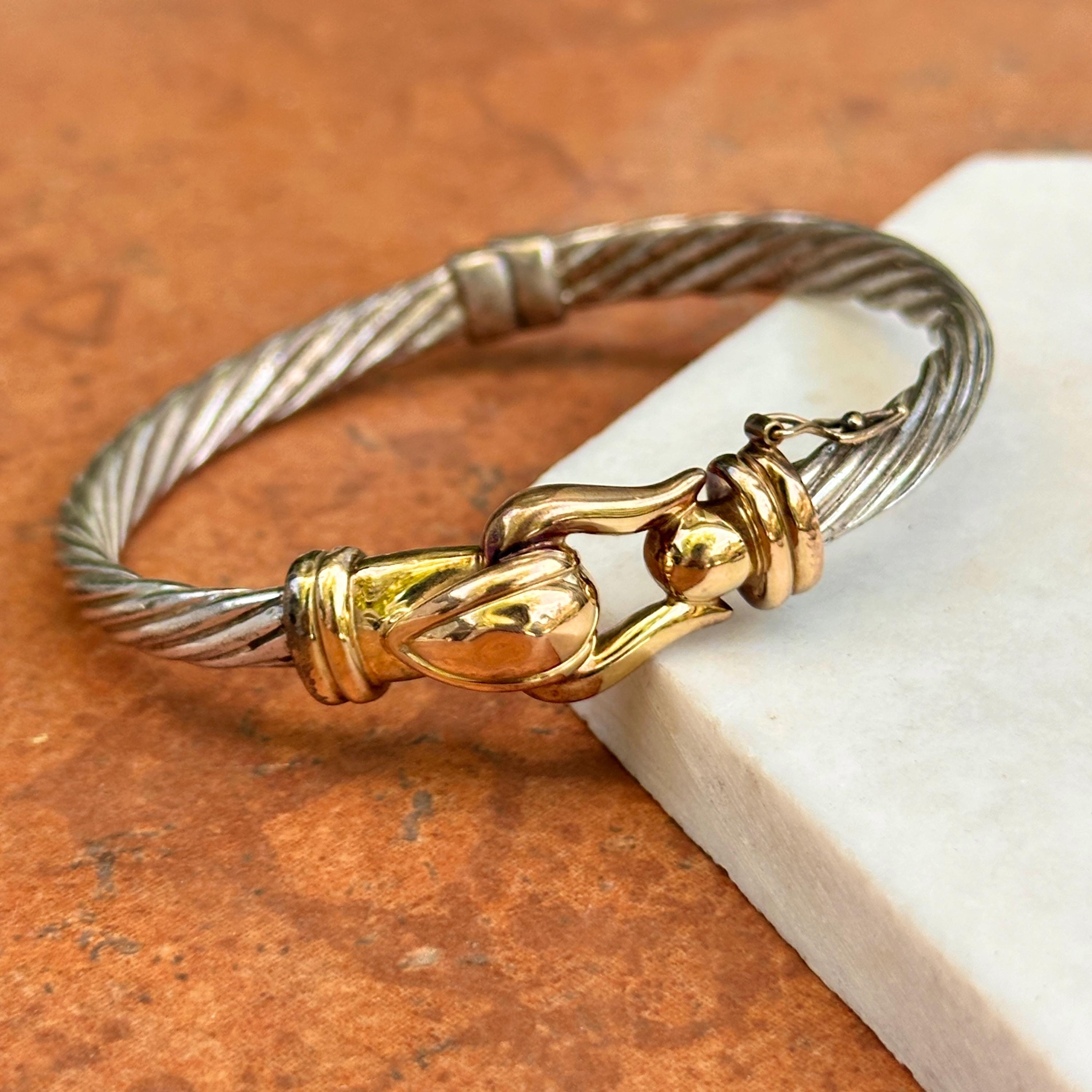 14KT Yellow Gold Sterling Silver Cuff Bangle Bracelet Cable Alwand