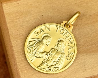 14KT Yellow Gold St Thomas Round Matte Medal Pendant 21mm Large NEW