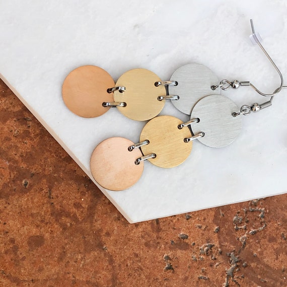 Stainless Steel Tri Color 3 Circles Dangle Earrings Matte Finish
