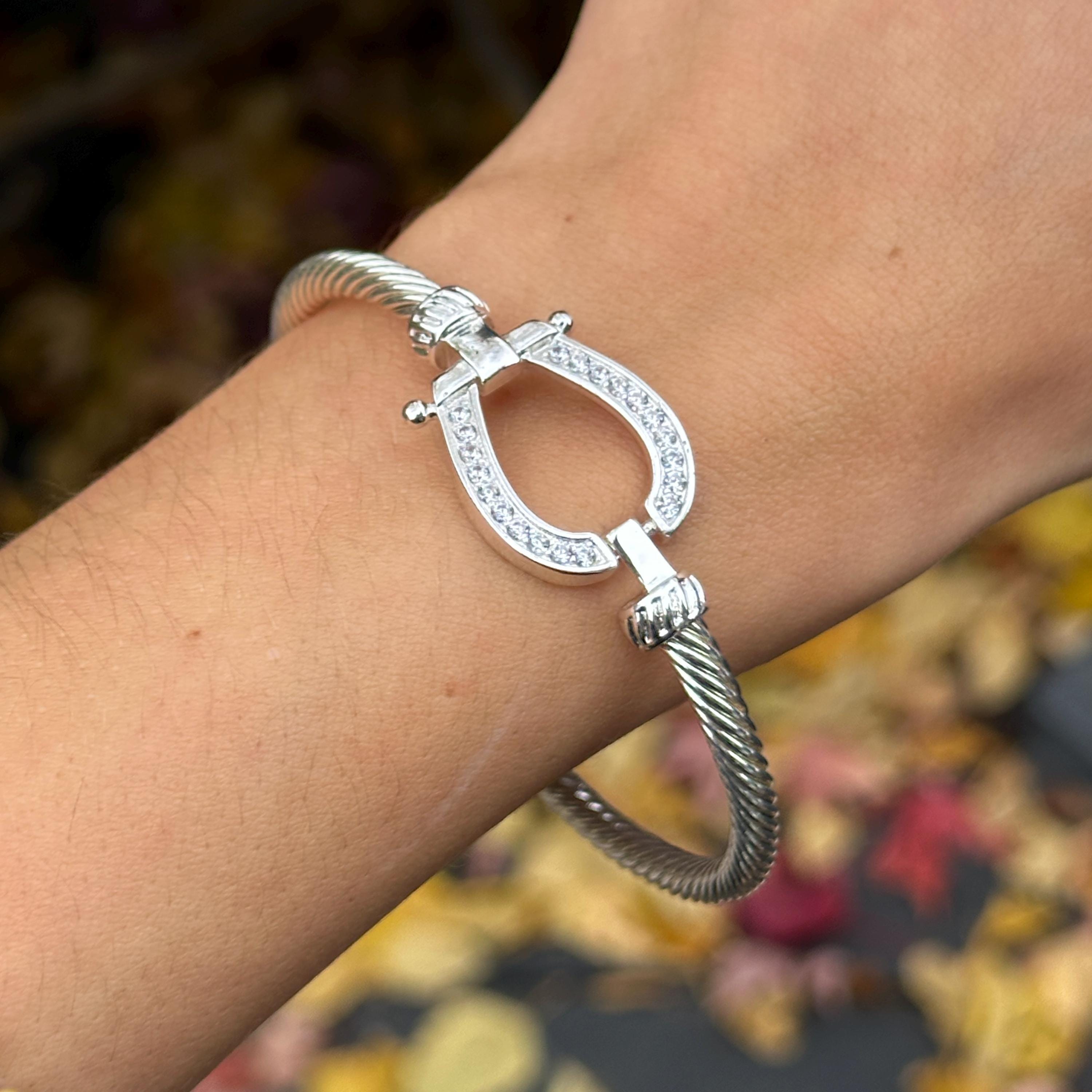 Silver Round Cubic Zirconia Horseshoe Twisted Bangle Hook Clasp