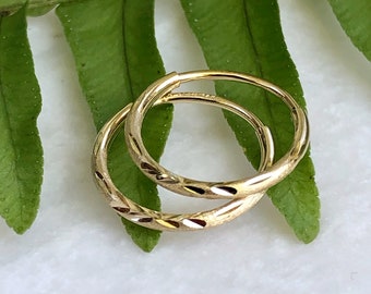 14KT Yellow Gold Hoop Shiny Thin Mini Endless Hoop Earrings 12MM NEW Diamond-Cut