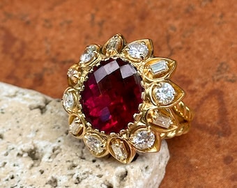 Vintage Estate 18KT Yellow Gold Deep Color Rubelite Tourmaline, + Baguette and Round Diamond Ring