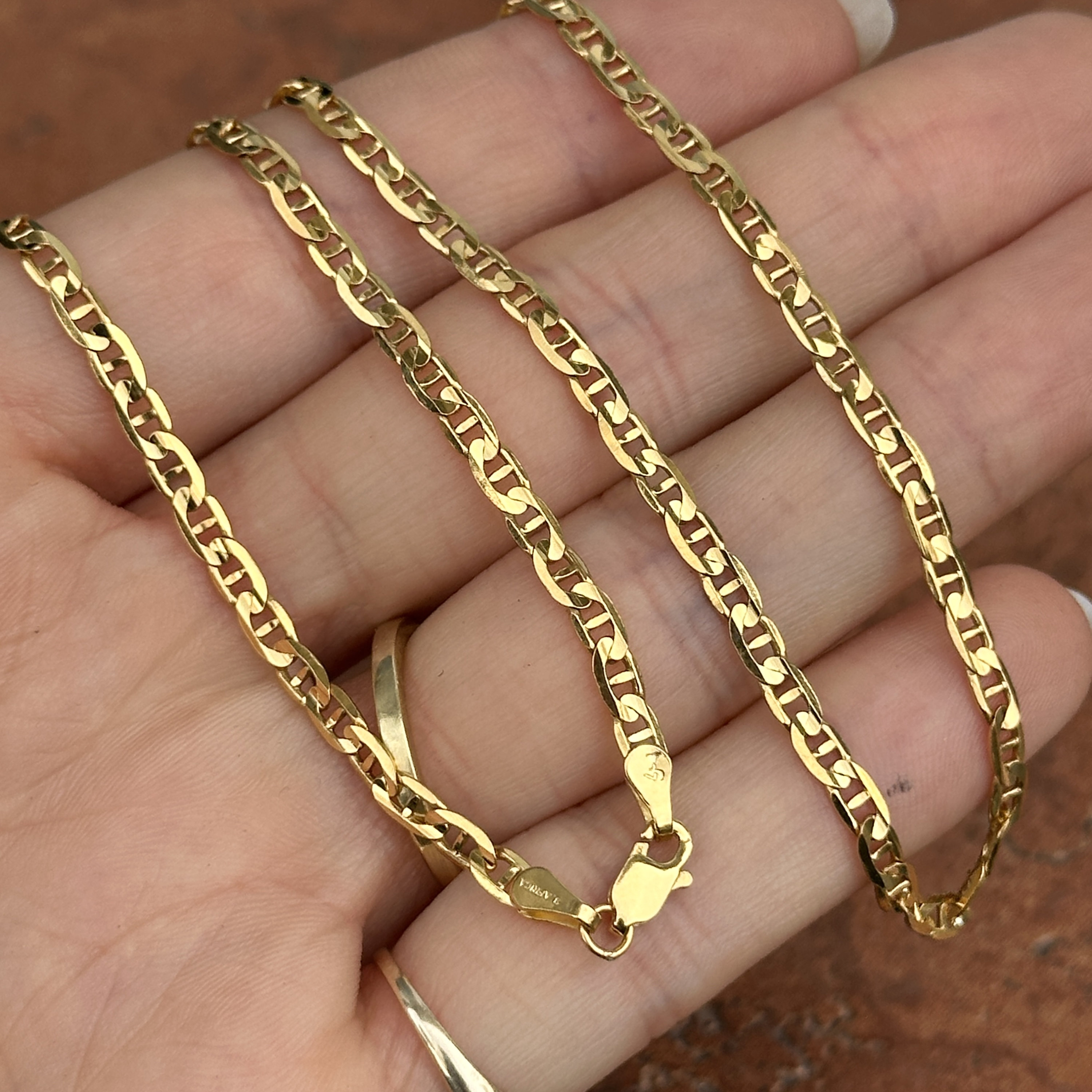 Curbed Chain 14KT Yellow Gold Solid 3MM Concave Anchor Curbed Link Chain Necklace ...