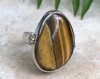 Sterling Silver Large Abrstact Brown Tigereye Gem Stone Ring Size 7