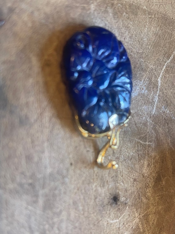 Estate Vintage Large 14KT Yellow Gold Carved Blue… - image 6