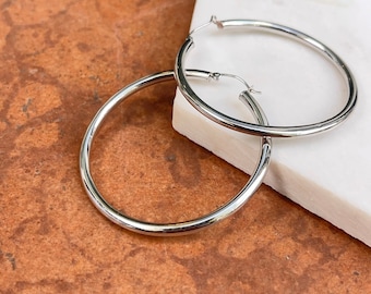 10KT White Gold Shiny 2.8mm Tube Round Hoop Earrings 48mm Medium Large Size