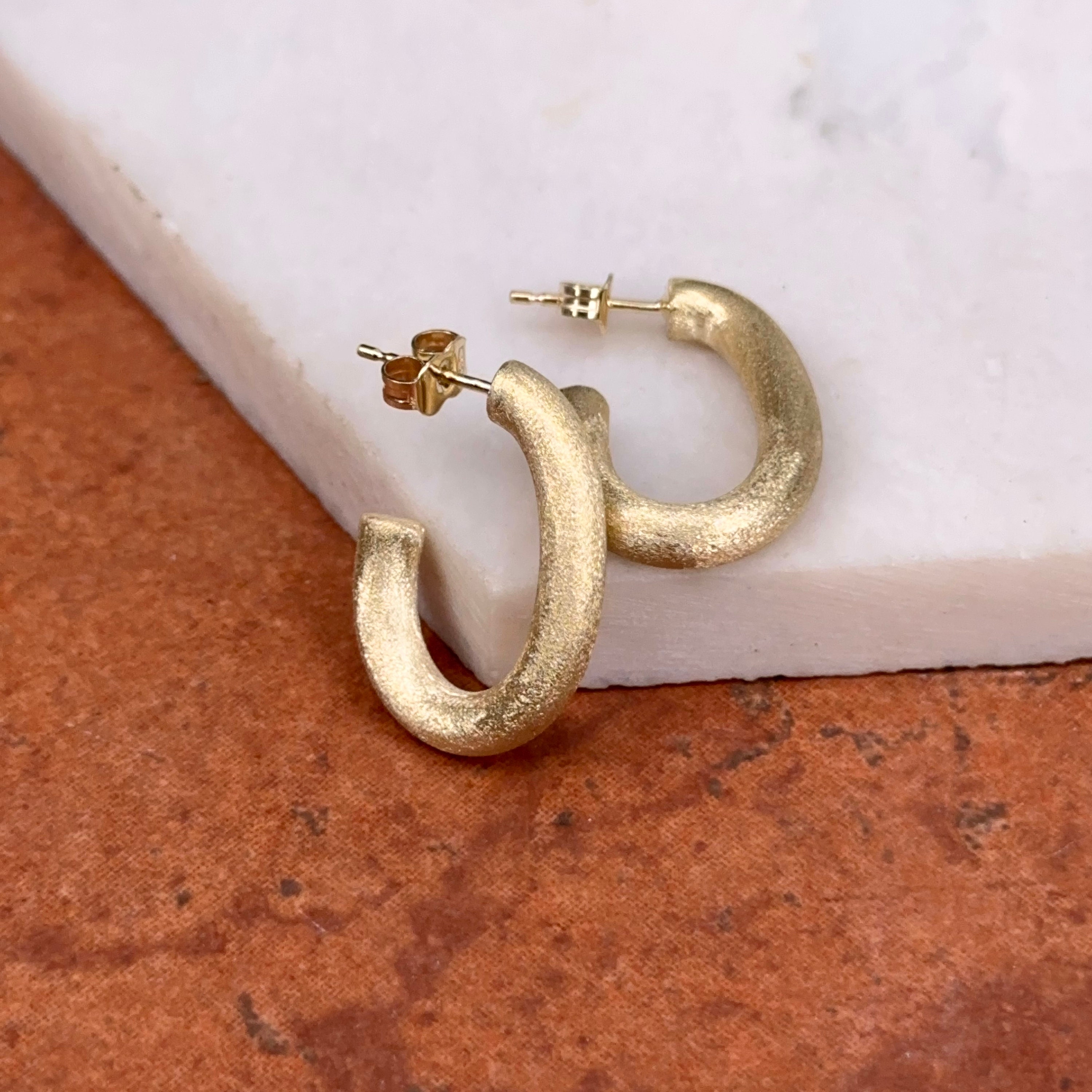 14KT Yellow Gold Matte Satin Finish Oval Tube J-shape Hoop Post