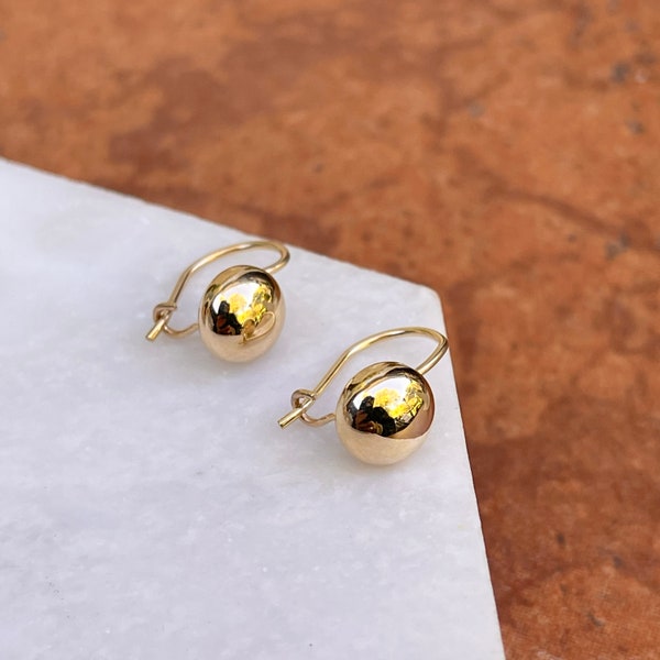 14KT Yellow Gold Polished 8MM Button Ball Drop Dangle Kidney Wire Earrings NEW