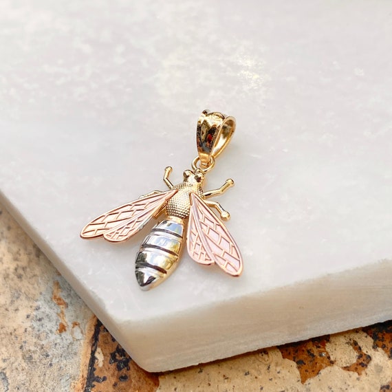 14k Multi-Tone Yellow And Rose Gold Polished Bee Pendant With Rhodium Body 16x17mm 14k Multi-Tone Yellow And Rose Gold Polished Bee Pendant With Rhodium Body 16x17mm