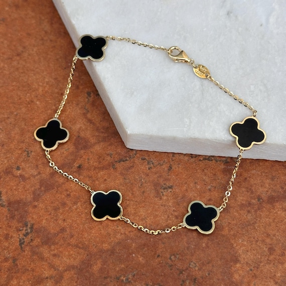 14KT Yellow Gold 10mm Black Onyx Clover Station Chain Bracelet NEW