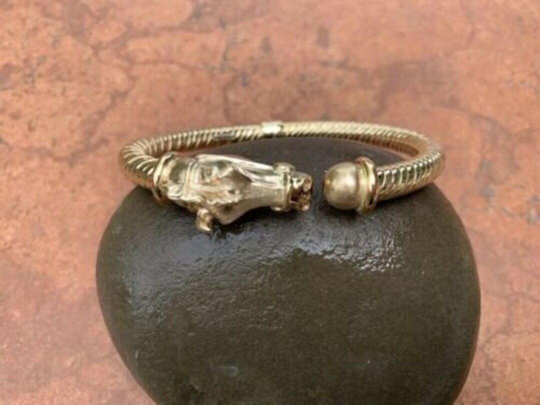 14KT Yellow Gold Horse Head End Caps Cuff Bangle Bracelet Ribbed Coiled