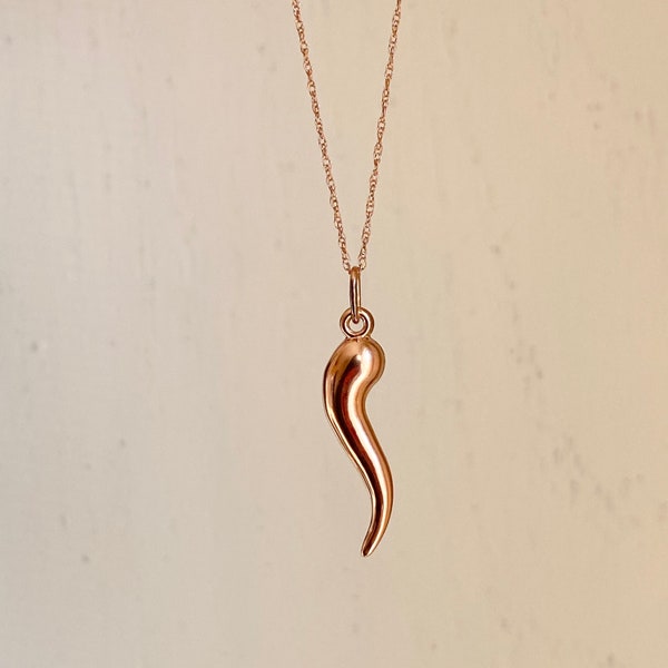 14KT Rose Gold "Cornicello" Corno Italian Horn Pendant Chain Necklace NEW Good Luck Various Lengths