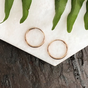 14KT Rose Gold Thin 1.5MM Endless Hoop Earrings 14mm NEW Thin Light TINY