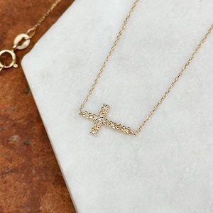 Estate 14KT Yellow Gold Sideways Diamond Cross Pendant Charm Necklace Adjustable 16”-18”