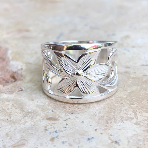 Sterling Silver Floral Flower Design Ring Cigar Band | Etsy