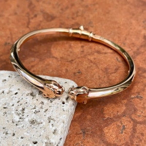 エステート ヴィンテージ 18KT ローズ ゴールド ダブル パンサー キャット ヒョウ ヘッド カフ バングル ブレスレット ヒンジ付き