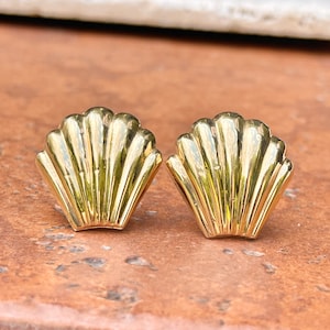 Estate 14KT Yellow Gold Shiny Ribbed Shell Omega Back Earrings Wear Alone Interchangeable with Stones but not included