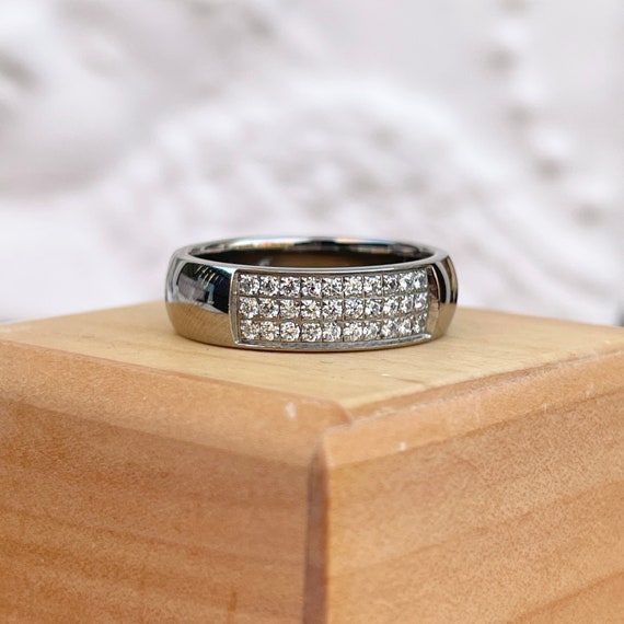 Titanium Pave Cubic Zirconia Shiny Dome Band Mens Ring Size 10