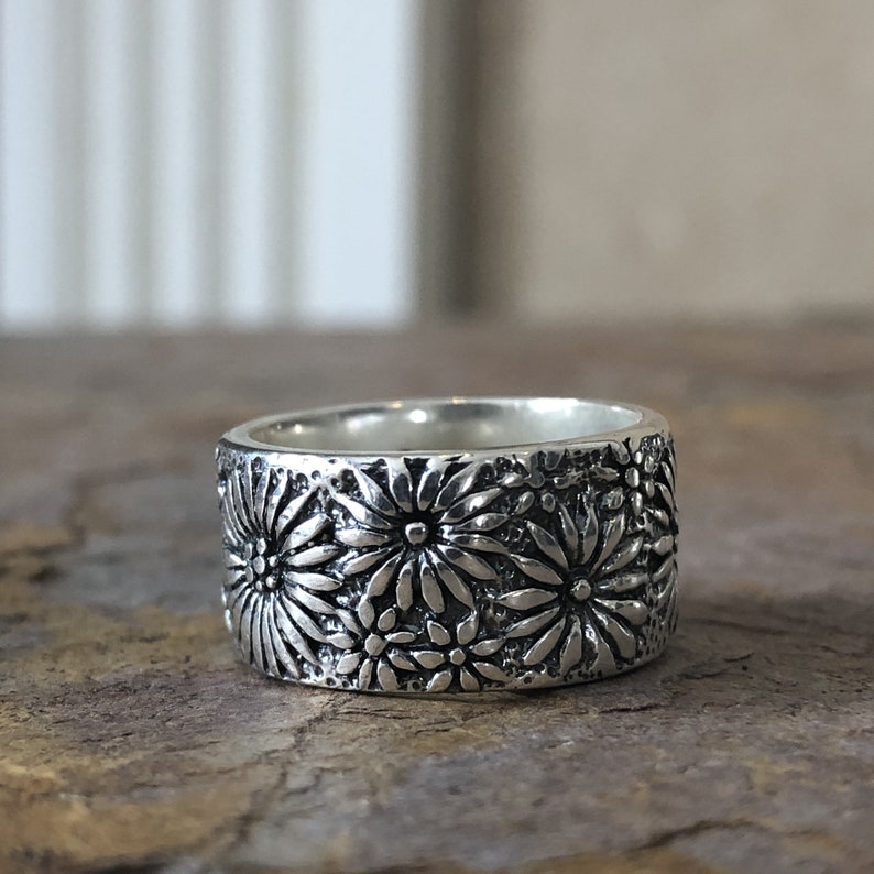Sterling Silver Floral Wide Cigar Band Ring NEW Sizes 7 or 8 Continuous Pattern