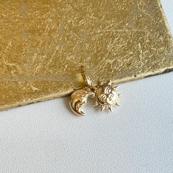 14KT Yellow Gold Puffed Sun + Moon Charms Small Size 2 in 1 Pendant