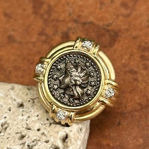 Vintage Estate 14KT Yellow Gold Ring and Diamond Bezel Set with Replica Silver 925 Coin Cross Size 6