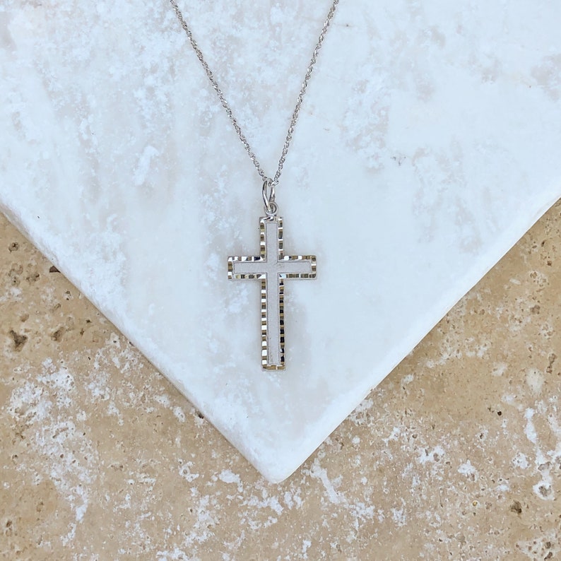 10KT White Gold Detailed Diamond-Cut Detailed Cross Charm Pendant