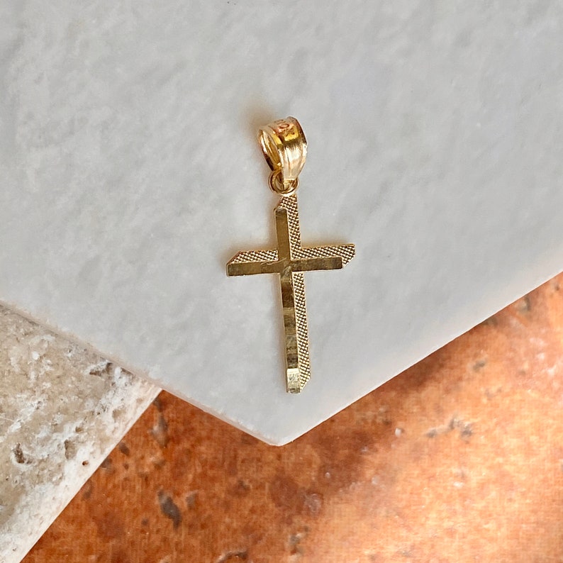 10KT Yellow Gold Small Diamond-Cut Shadow Cross Pendant Charm Textured NEW image 4