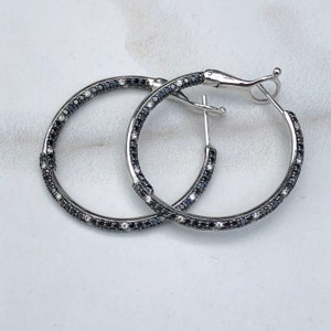14KT White Gold Pave Black White Diamond Earring Hoop Earring In & Out 2 CT