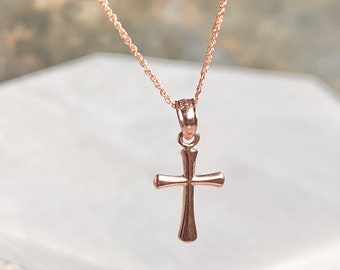 14KT Rose Gold Shiny Beveled Small Cross Pendant Rope Chain Necklace NEW Various Lengths