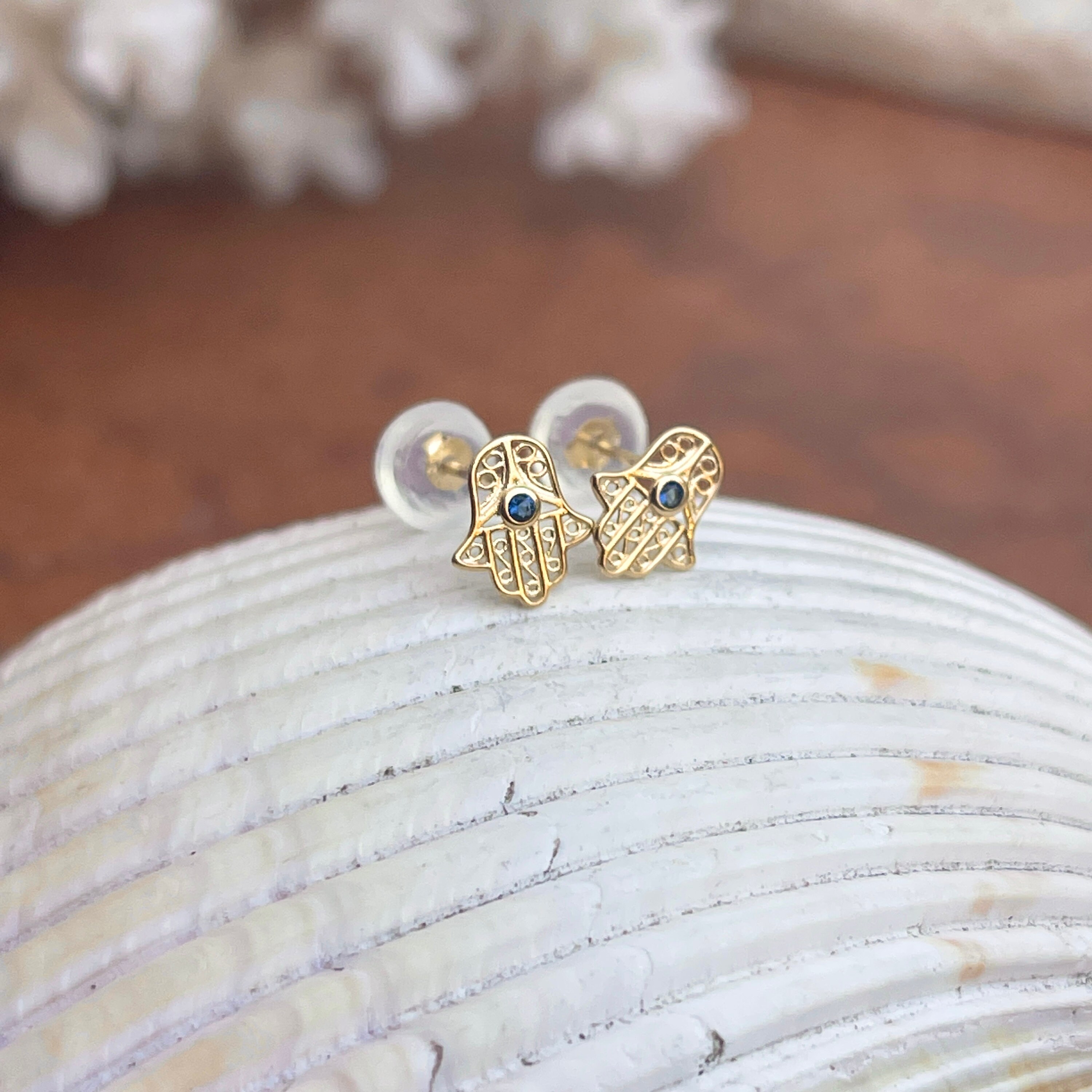 Tiny Hamsa Hand of Fatıma Shaped Stud Earrings, 14K Solid