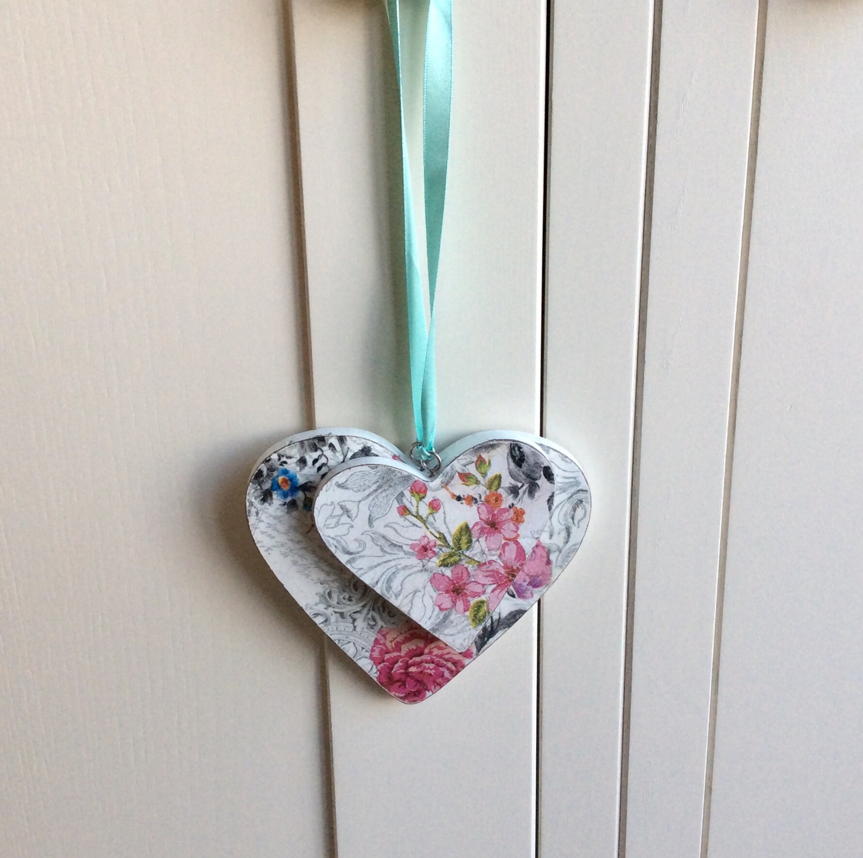 Pair of hanging hearts hand decorated hearts heart wall Etsy