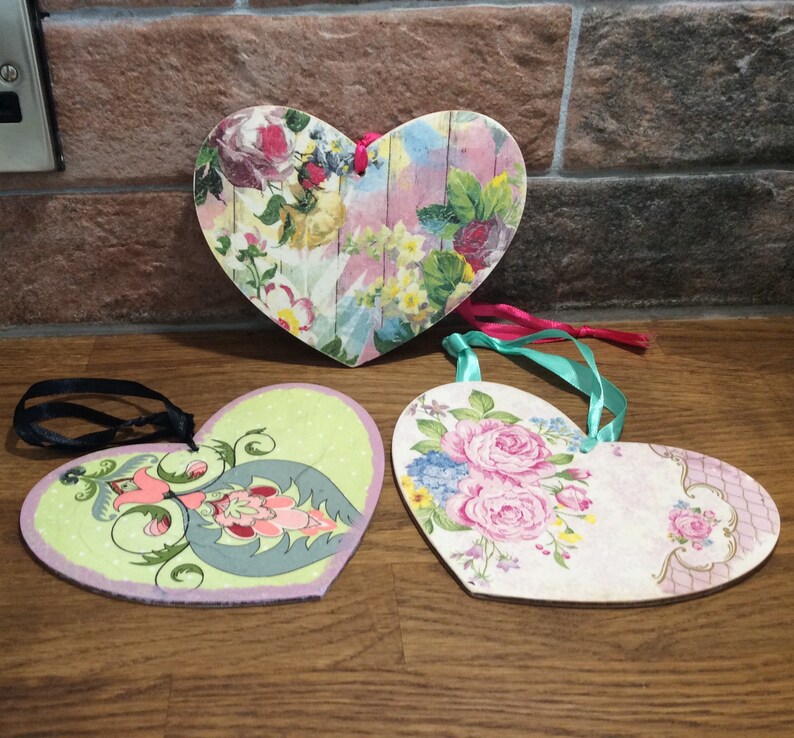 Wood hearts hanging hearts decoupage decorative hearts Etsy