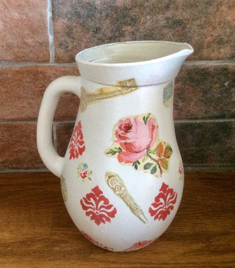 Glass Pitcher Jug Decoupaged Flower Vase Country Style Home Etsy