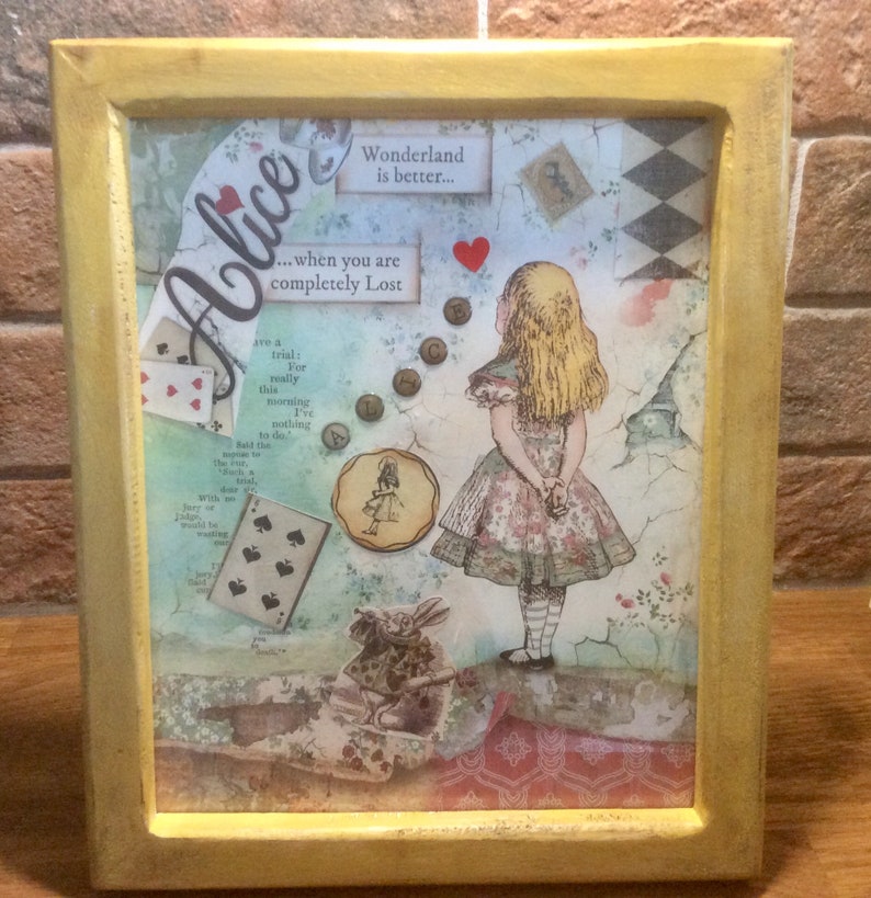 OOAK Alice in Wonderland framed mixed media Alice Art decor Cheshire Cat wall art Mad Hatter White Rabbit Lewis Carroll