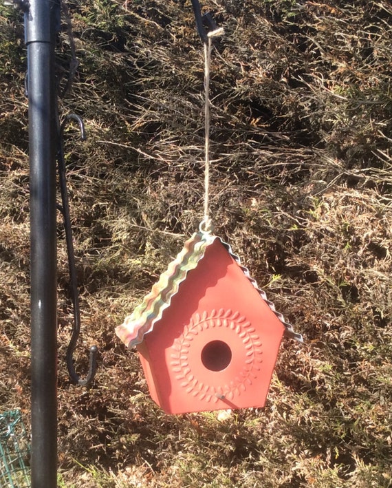 Bird House Galvanised Metal Decorative Hand Painted Bird Etsy