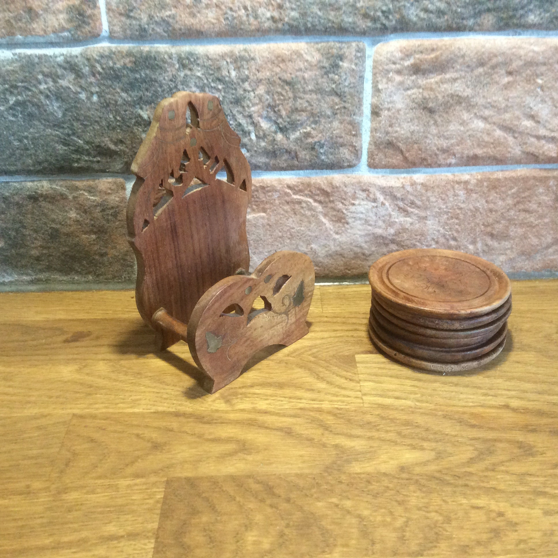 Wood coasters brass inlay vintage coaster set with holder Etsy